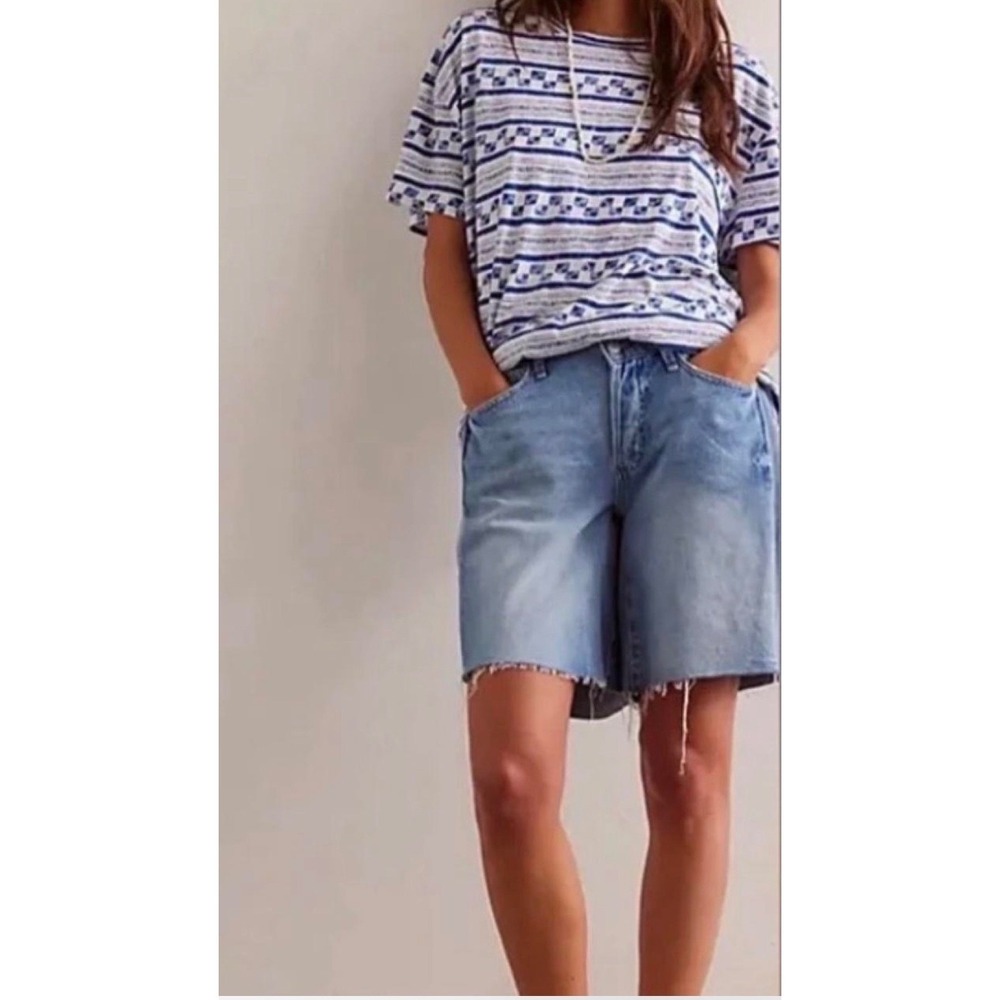 Free People We The Free Nina Printed Tee Navy Combo XS Cotton Boxy T-Shirt NEW